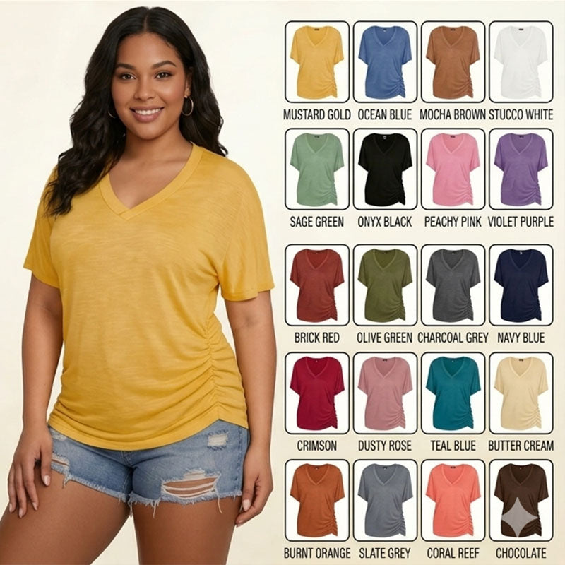 SwimWeek Womens Short Sleeve V Neck Dolman Tops with Side Shirring Loose Fit Shirts