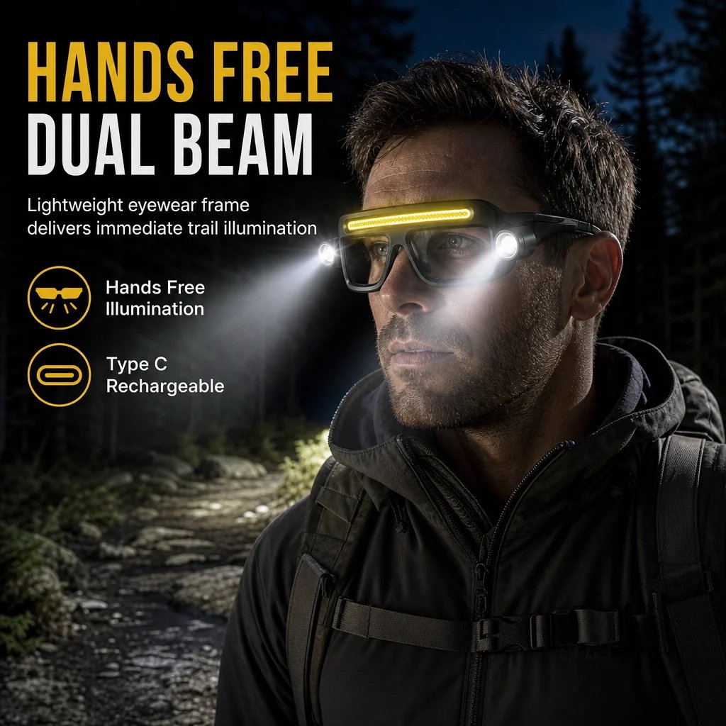 Hands Free Dual Beam LED Flashlight Glasses. Type-C Rechargeable COB Work Light Glasses for Mechanics. Camping & Repair