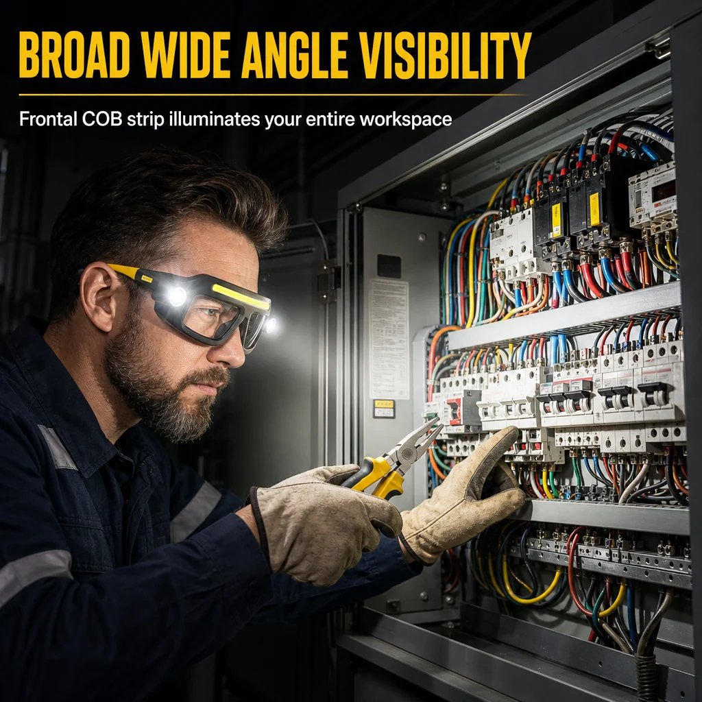 Hands Free Dual Beam LED Flashlight Glasses. Type-C Rechargeable COB Work Light Glasses for Mechanics. Camping & Repair