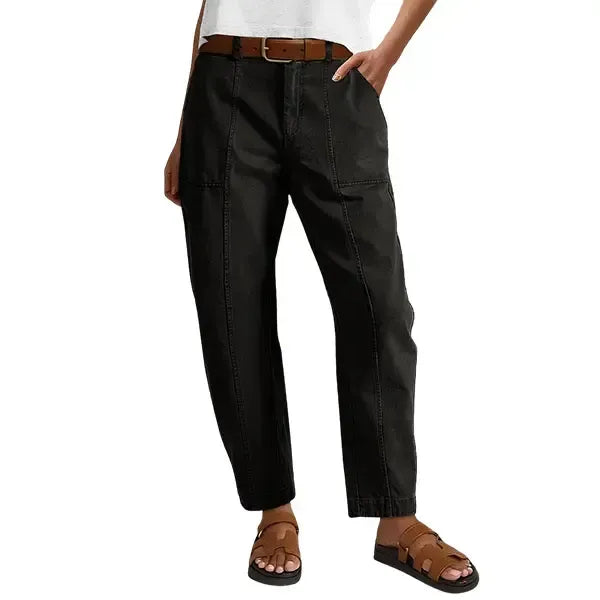 Solid Stitch Detail Mid Waist Baby Barrel Fit Deep Pockets